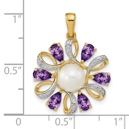 14k 6-7mm Button White Freshwater Cultured Pearl/Pear Amethyst/Diamond Pendant