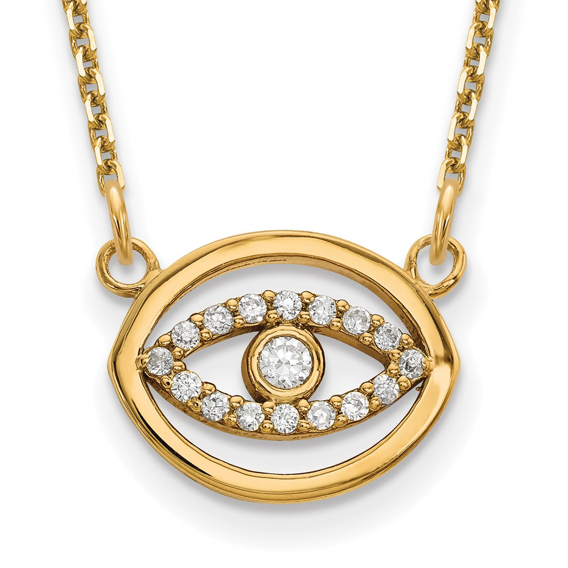 14k Polished 1/10 carat Diamond Halo Evil Eye 18 inch Necklace