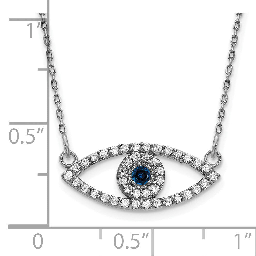 14k White Gold Polished 1/6 carat Diamond and Sapphire Small Evil Eye 18 inch Necklace