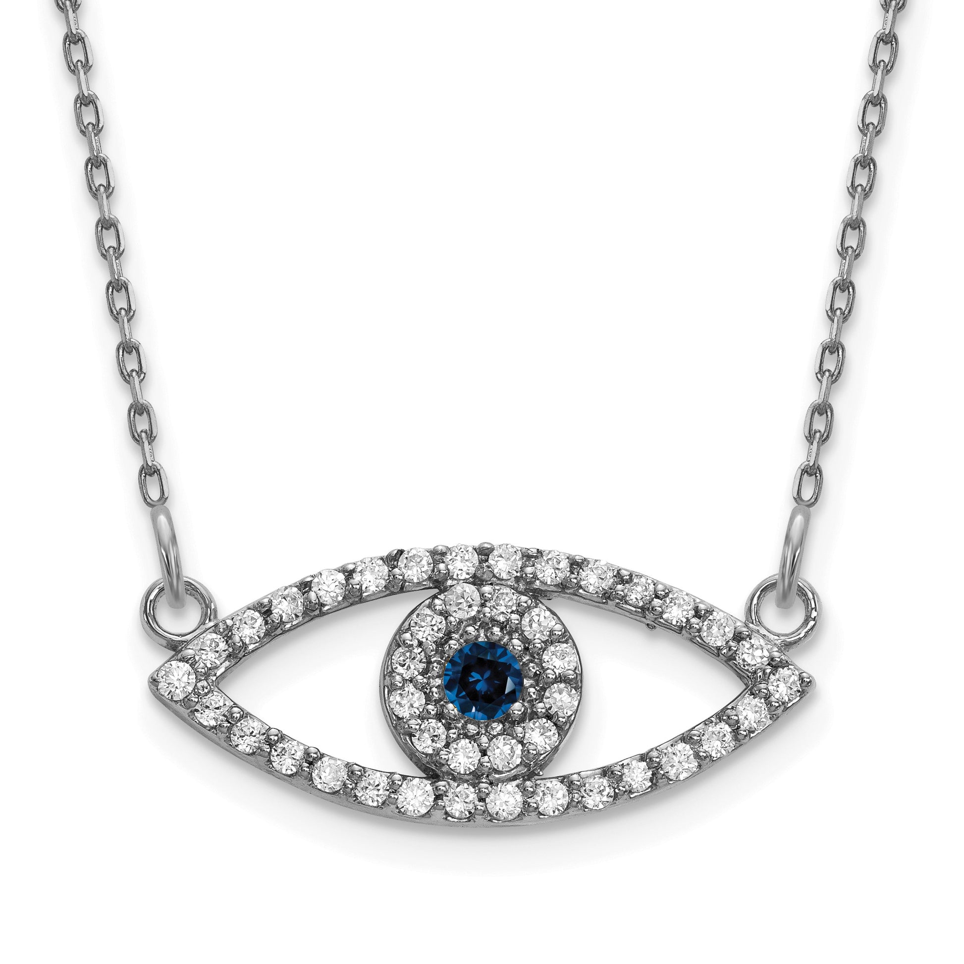 14k White Gold Polished 1/6 carat Diamond and Sapphire Small Evil Eye 18 inch Necklace