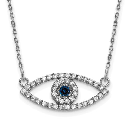 14k White Gold Polished 1/6 carat Diamond and Sapphire Small Evil Eye 18 inch Necklace