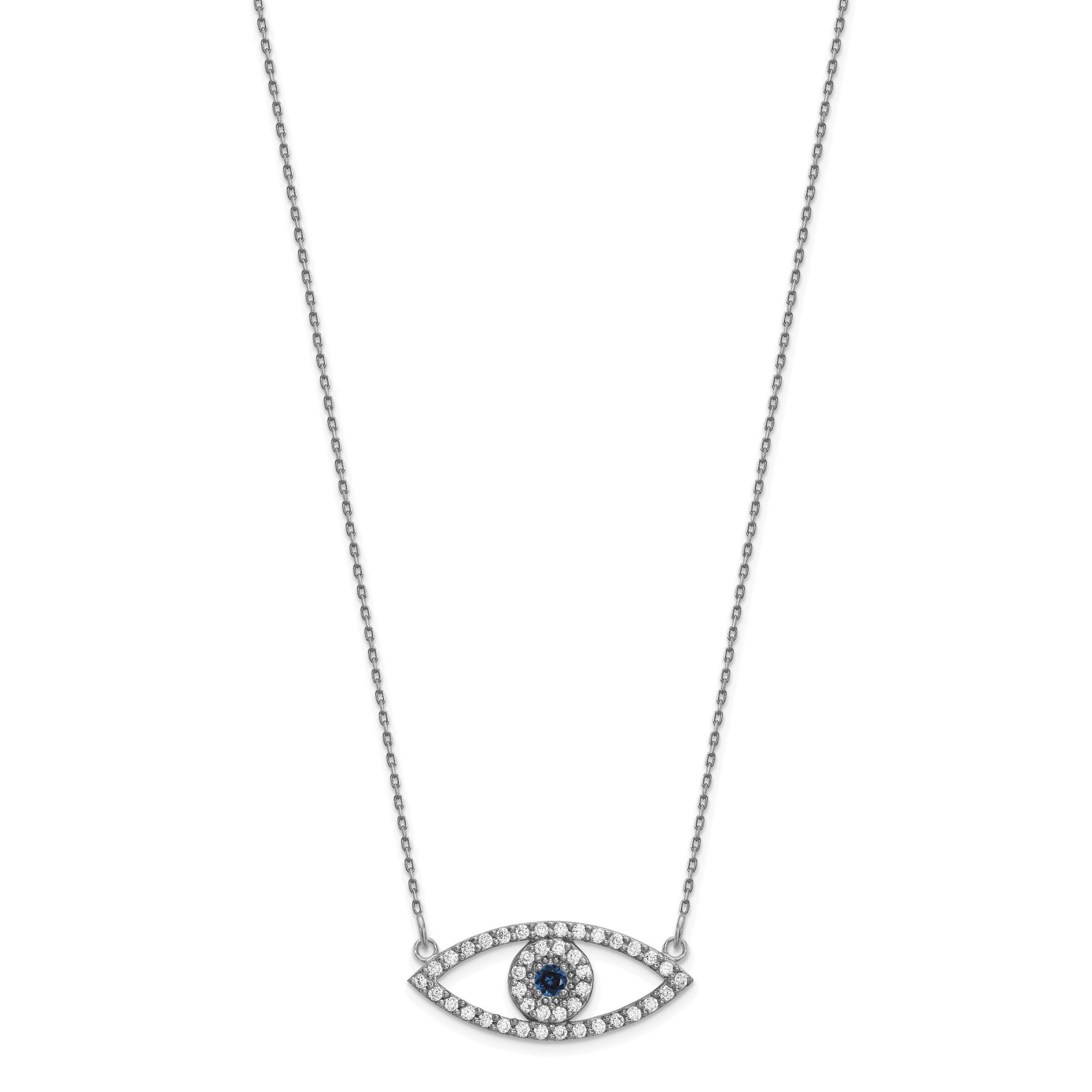 14k White Gold Polished 1/2 carat Diamond and Sapphire Medium Evil Eye 18 inch Necklace