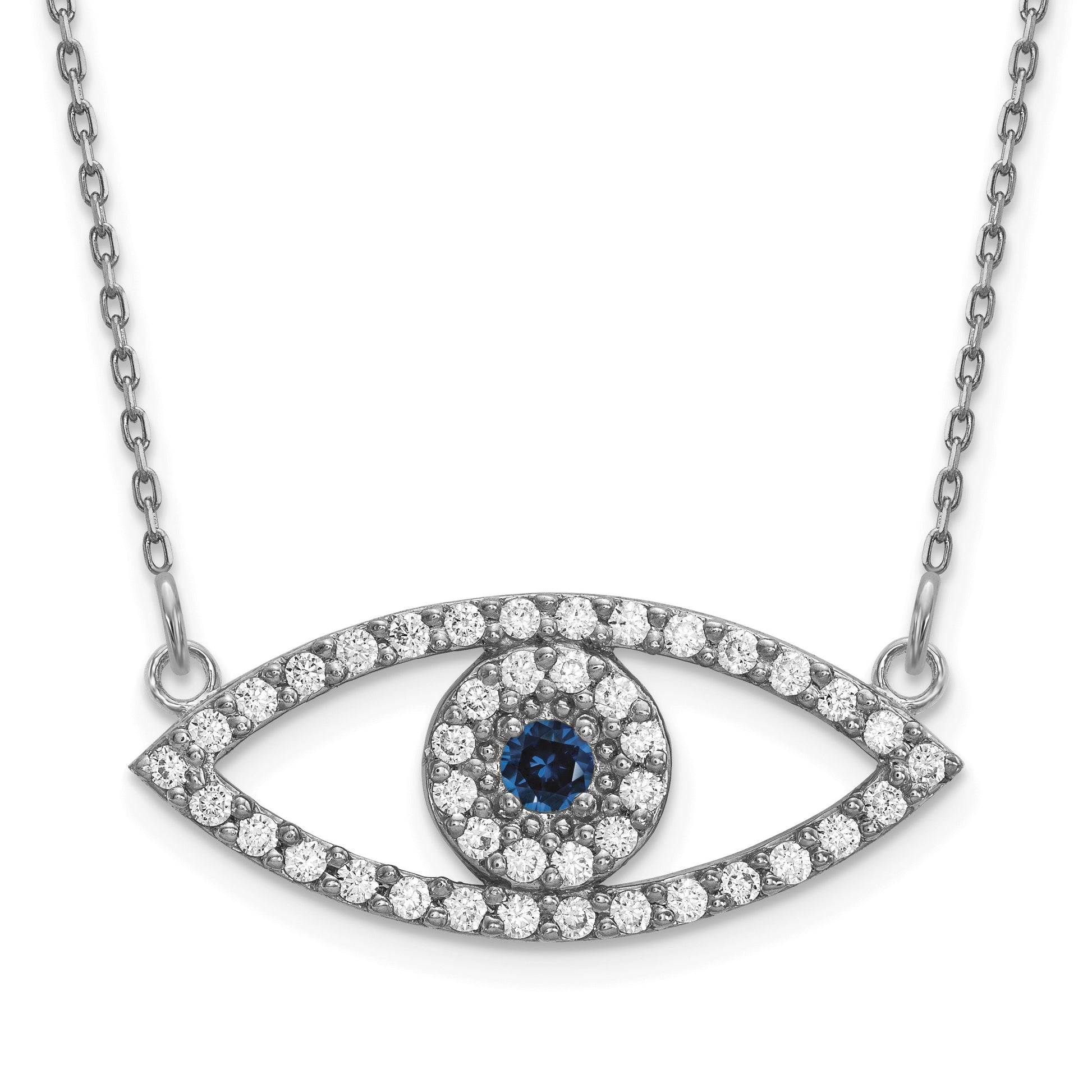 14k White Gold Polished 1/2 carat Diamond and Sapphire Medium Evil Eye 18 inch Necklace
