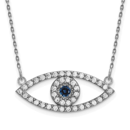 14k White Gold Polished 1/2 carat Diamond and Sapphire Medium Evil Eye 18 inch Necklace