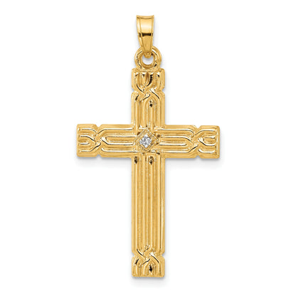 14k Polished and Grooved Hollow Diamond Cross Pendant