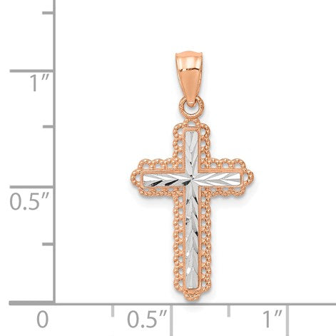 14k Rose Gold and White Rhodium Diamond-cut Cross Pendant