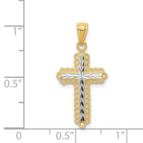 14K with White Rhodium Diamond Cut Cross Pendant