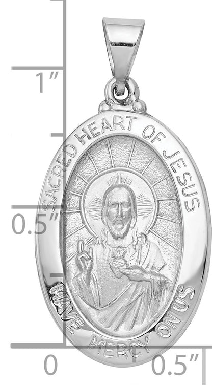14K White Gold Polished and Satin Hollow Sacred Heart Jesus Oval Pendant