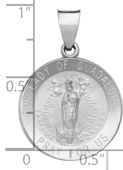 14K White Gold Polished and Satin Hollow Our Lady of Guadalupe Medal Round Pendant