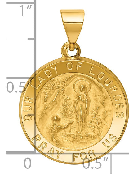 14k Polished and Satin Hollow Our Lady of Lourdes Medal Round Pendant