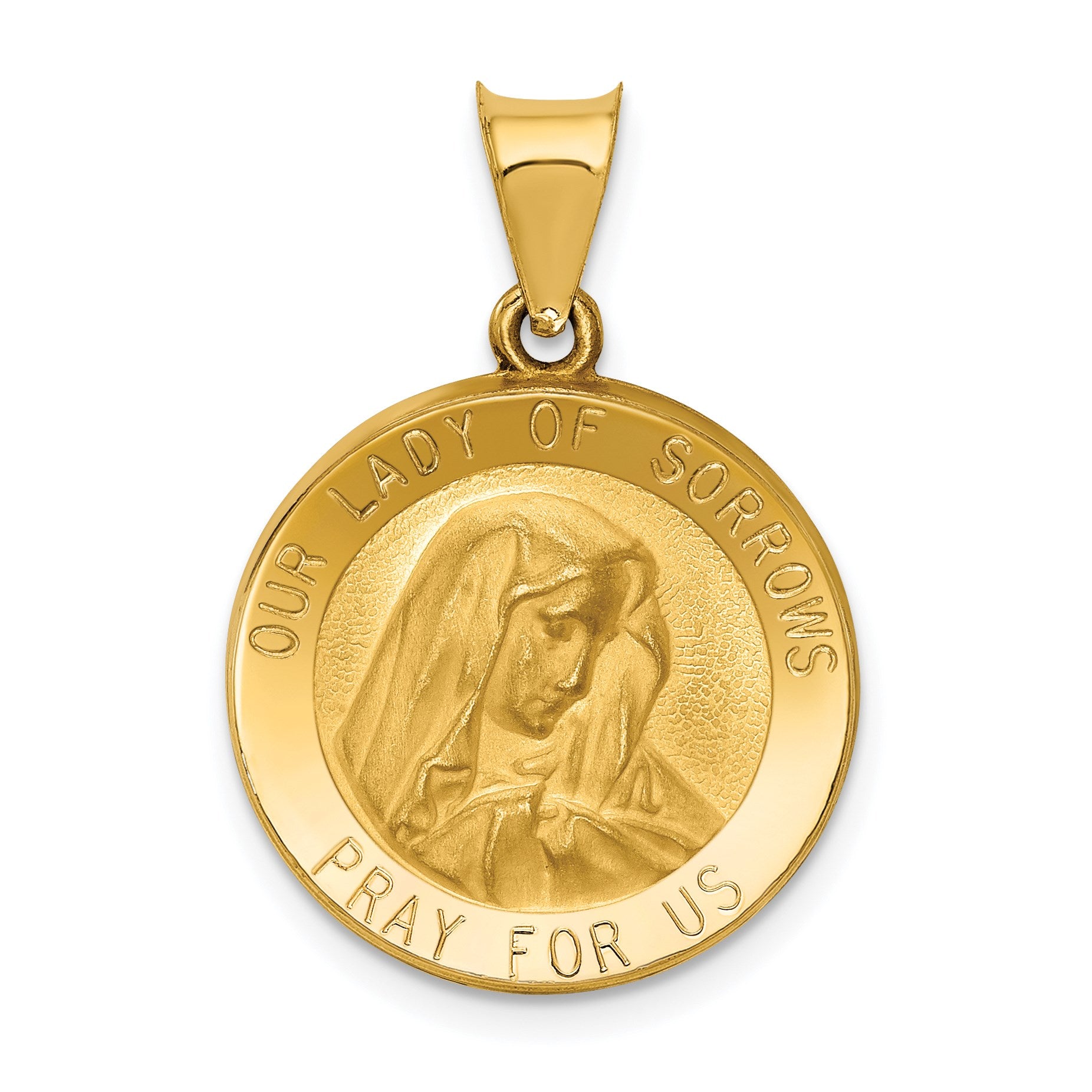 14k Polished and Satin Hollow Our Lady of Sorrows Medal Round Pendant