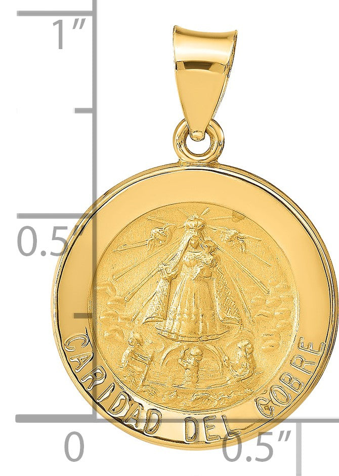 14k Polished and Satin Hollow Caridad Del Cobre Medal Round Pendant