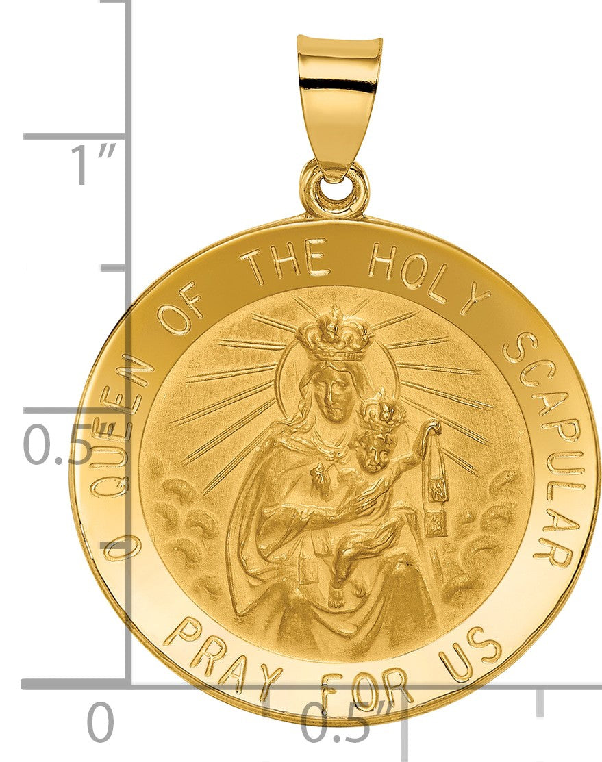 14K Polished and Satin Hollow Large Queen Of The Holy Scapular Medal Reversible Round Pendant