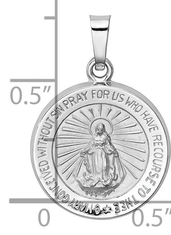 14k White Gold Polished and Satin Hollow Miraculous Medal Round Pendant