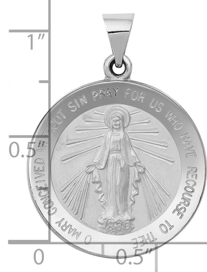 14k White Gold Polished and Satin Hollow Miraculous Medal Round Pendant