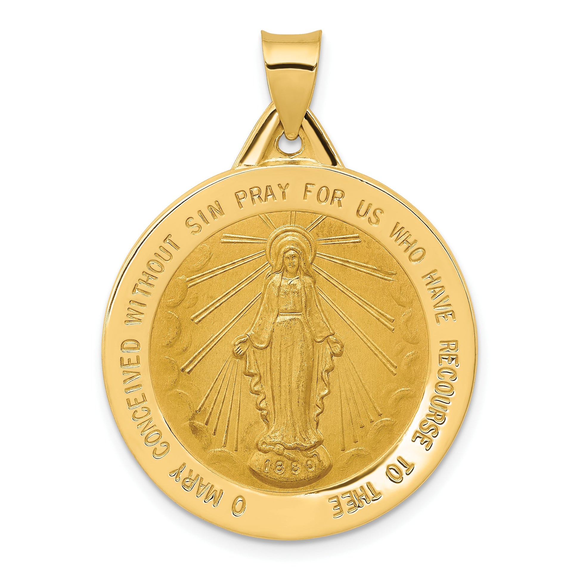 14k Polished and Satin Hollow Large Miraculous Medal Round Pendant