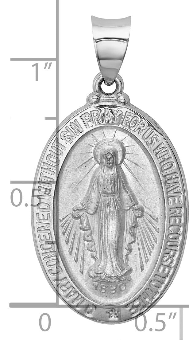 14k White Gold Polished and Satin Hollow Miraculous Medal Oval Pendant