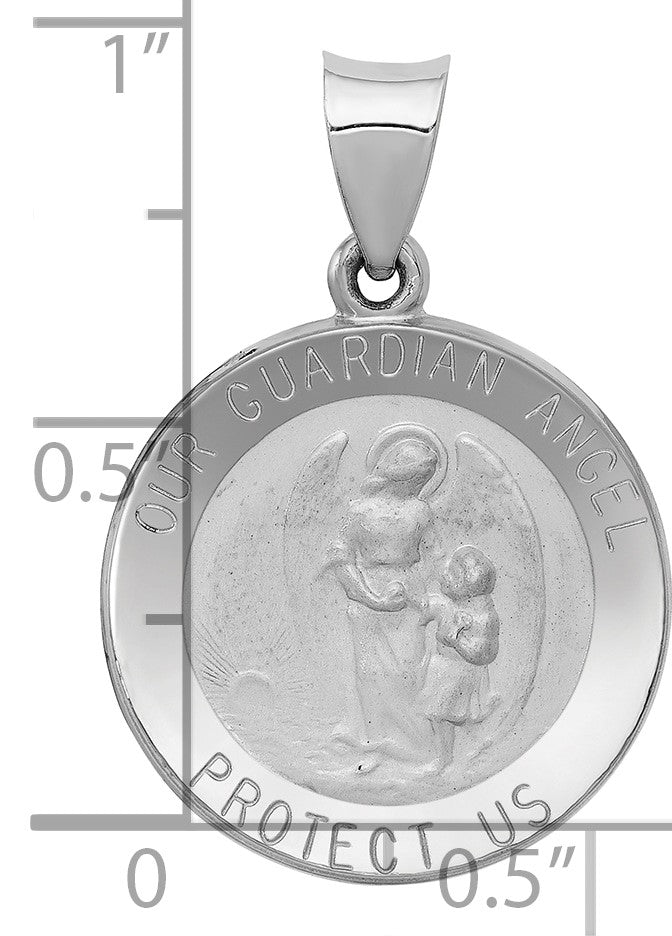 14K White Gold Polished and Satin Hollow Our Guardian Angel Medal Charm
