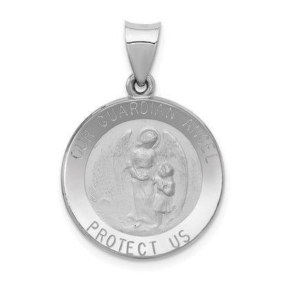 14K White Gold Polished and Satin Hollow Our Guardian Angel Medal Charm