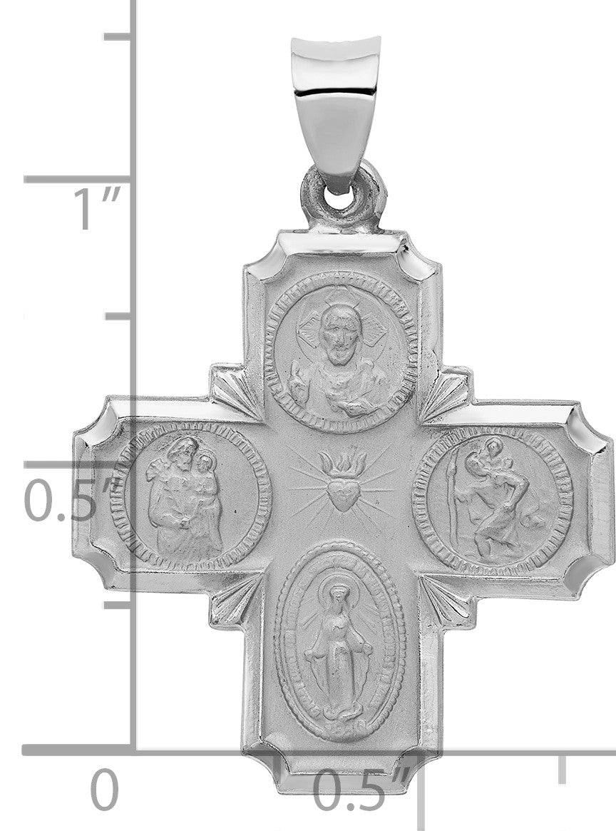 14k White Gold Polished and Satin Hollow Four-Way Religious Medal Pendant