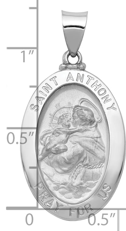 14k White Gold Polished and Satin Hollow St. Anthony Medal Oval Pendant
