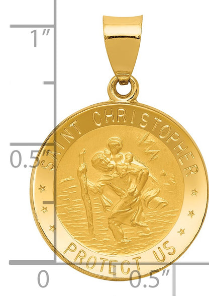 14k Polished and Satin Hollow St. Christopher Medal Round Pendant