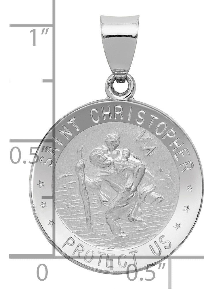 14k White Gold Polished and Satin Hollow St Christopher Medal Round Pendant