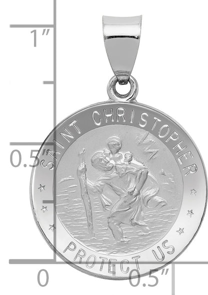 14k White Gold Polished and Satin Hollow St Christopher Medal Round Pendant