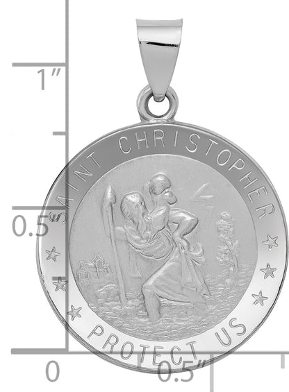 14k White Gold Polished and Satin Hollow Saint Christopher Medal Round Pendant