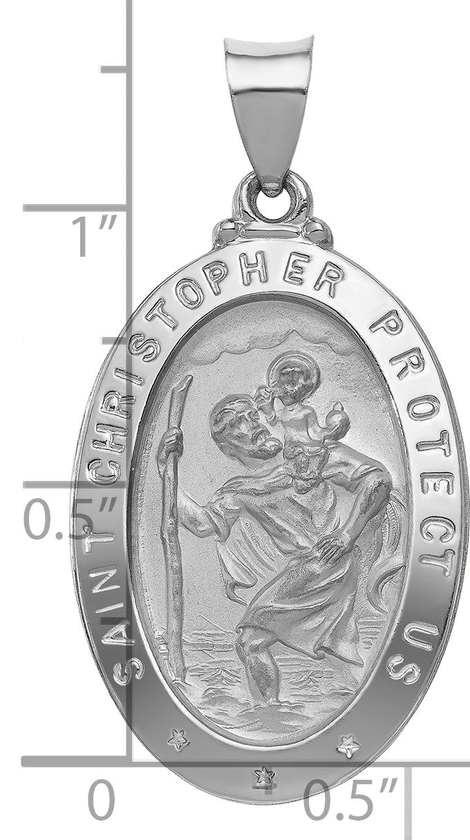 14k White Gold Polished and Satin Hollow St Christopher Medal Oval Pendant