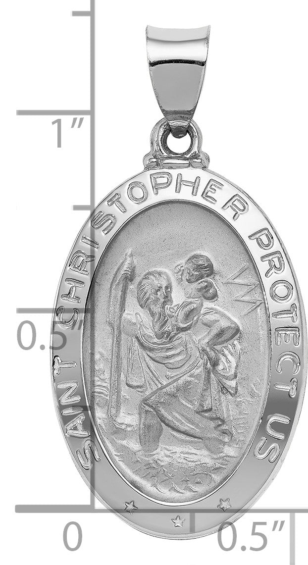 14k White Gold Polished and Satin Hollow St Christopher Medal Oval Pendant