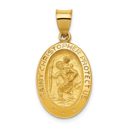 14k Polished and Satin Hollow St Christopher Medal Oval Pendant
