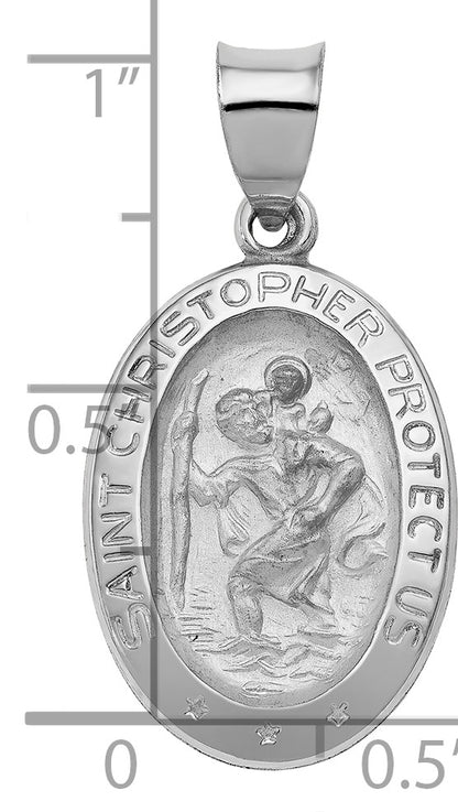 14k White Gold Polished and Satin Hollow St Christopher Medal Oval Pendant