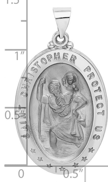 14k White Gold Polished and Satin Hollow Saint Christopher Medal Oval Pendant