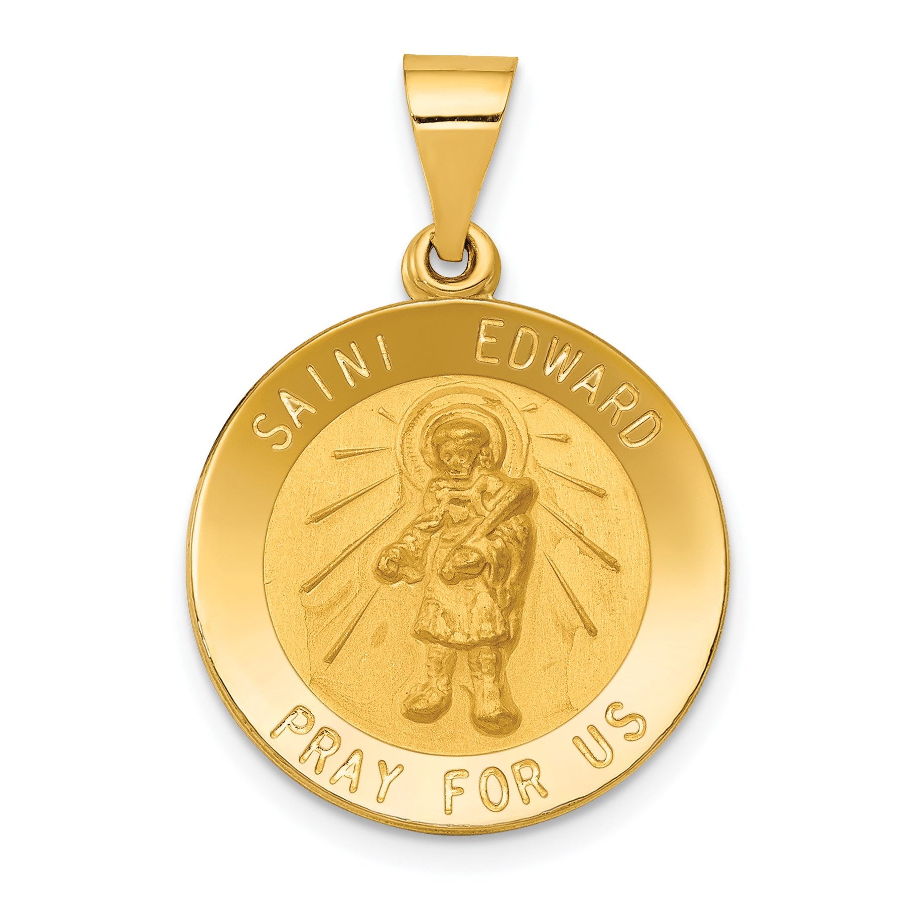 14k Polished and Satin Hollow St Edward Medal Round Pendant