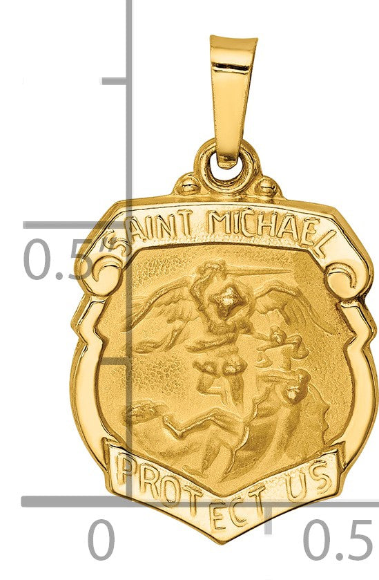 14k Polished and Satin Hollow Small St Michael Medal Badge Pendant