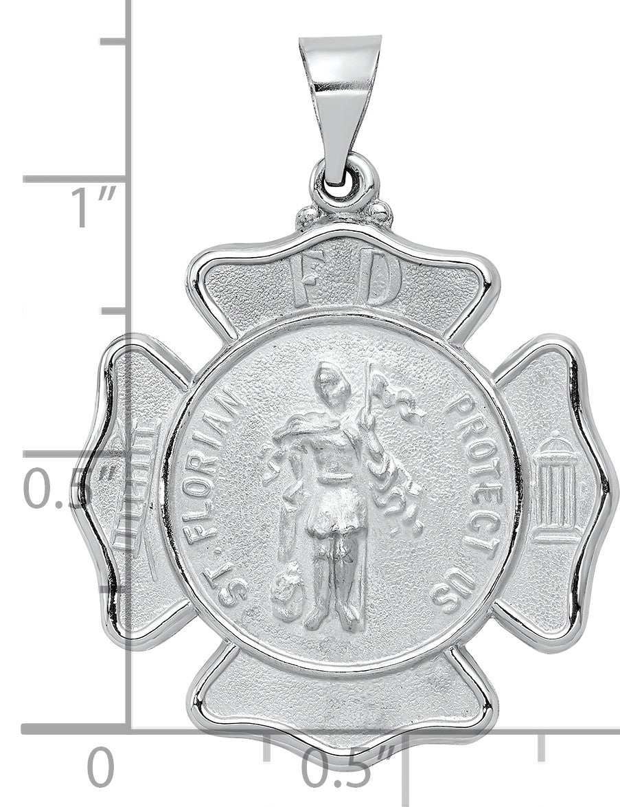14k White Gold Polished and Satin Hollow St Florian Badge F.D. Medal Pendant