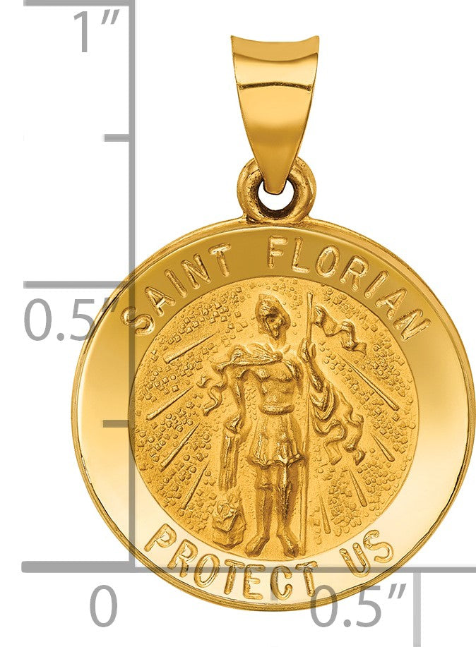 14k Polished and Satin Hollow St Florian Medal Round Pendant