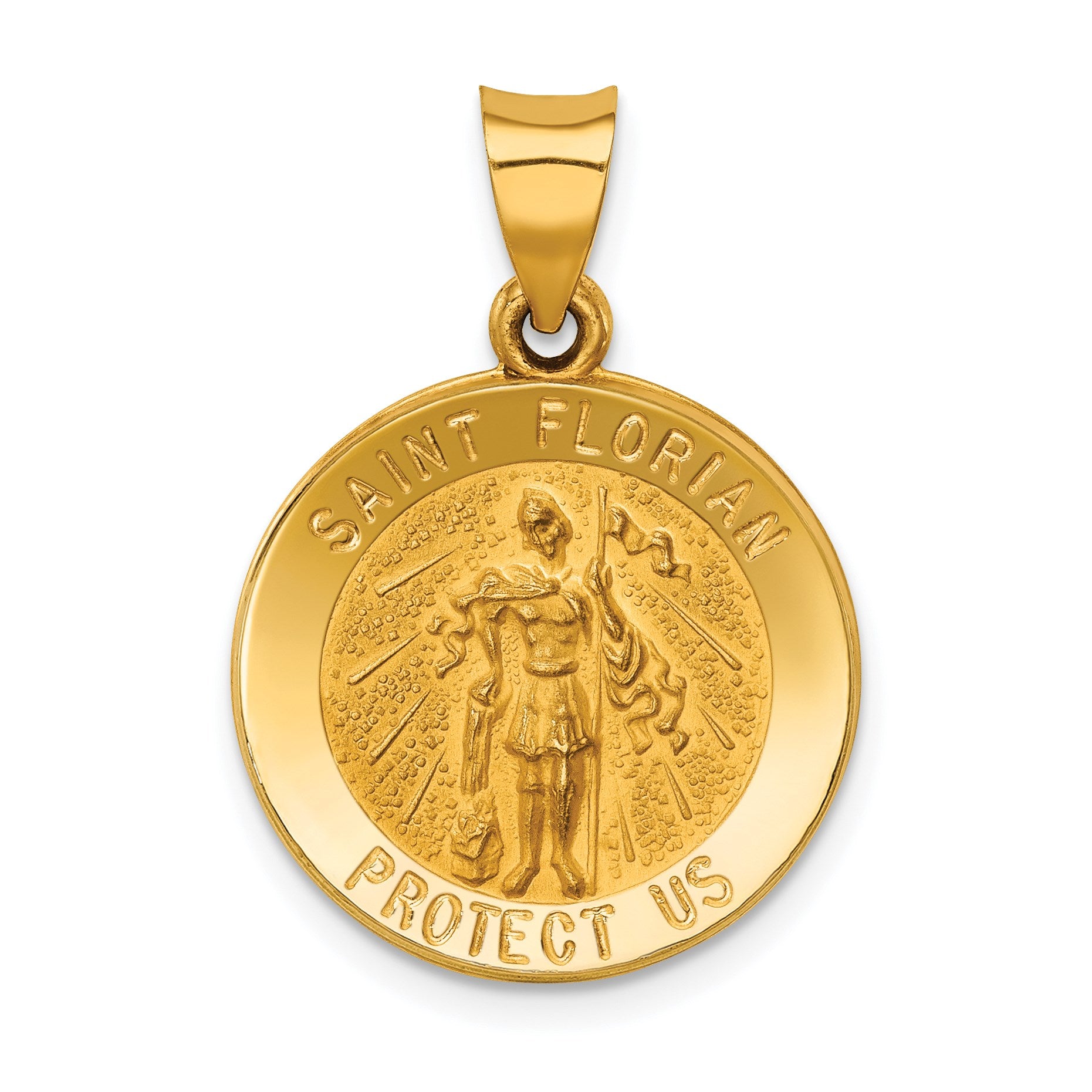 14k Polished and Satin Hollow St Florian Medal Round Pendant