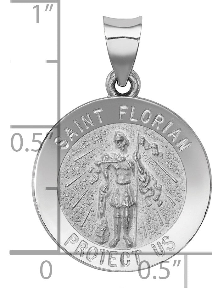 14k White Gold Polished and Satin Hollow St Florian Medal Round Pendant