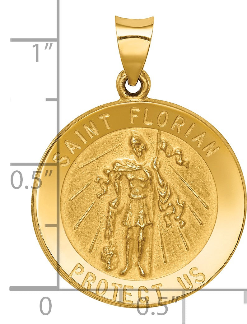 14k Polished and Satin Hollow St Florian Medal Round Pendant