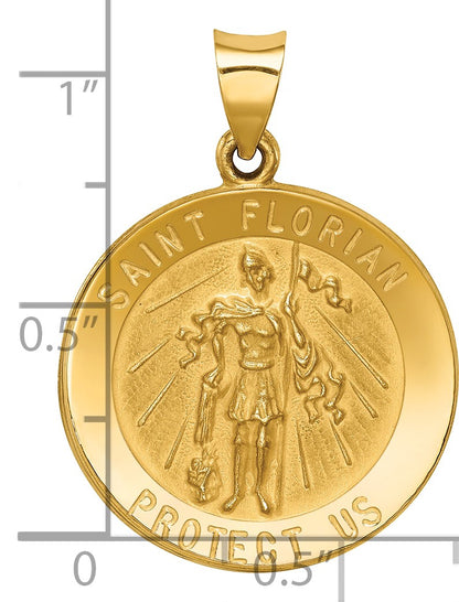 14k Polished and Satin Hollow St Florian Medal Round Pendant