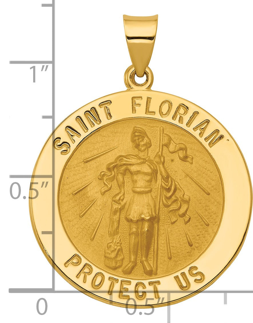 14k Polished and Satin Hollow Large St Florian Medal Round Pendant