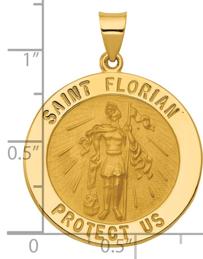 14k Polished and Satin Hollow Large St Florian Medal Round Pendant