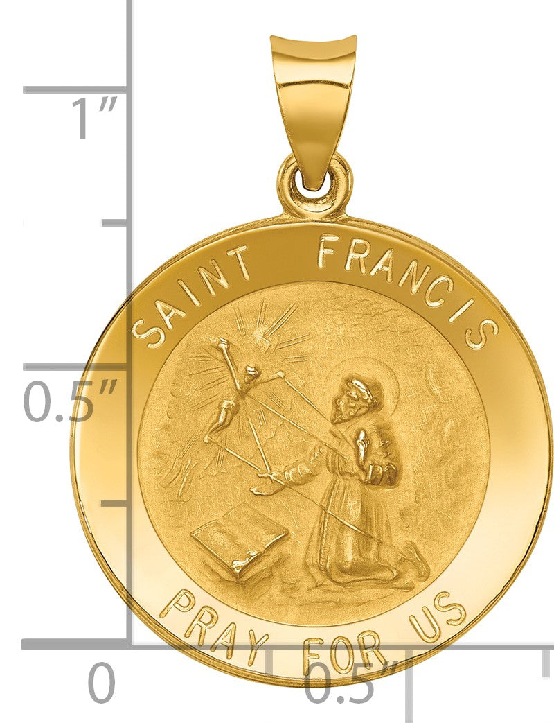 14k Polished and Satin Hollow St Francis Medal Round Pendant
