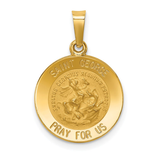 14k Polished and Satin Hollow Saint George Medal Round Pendant