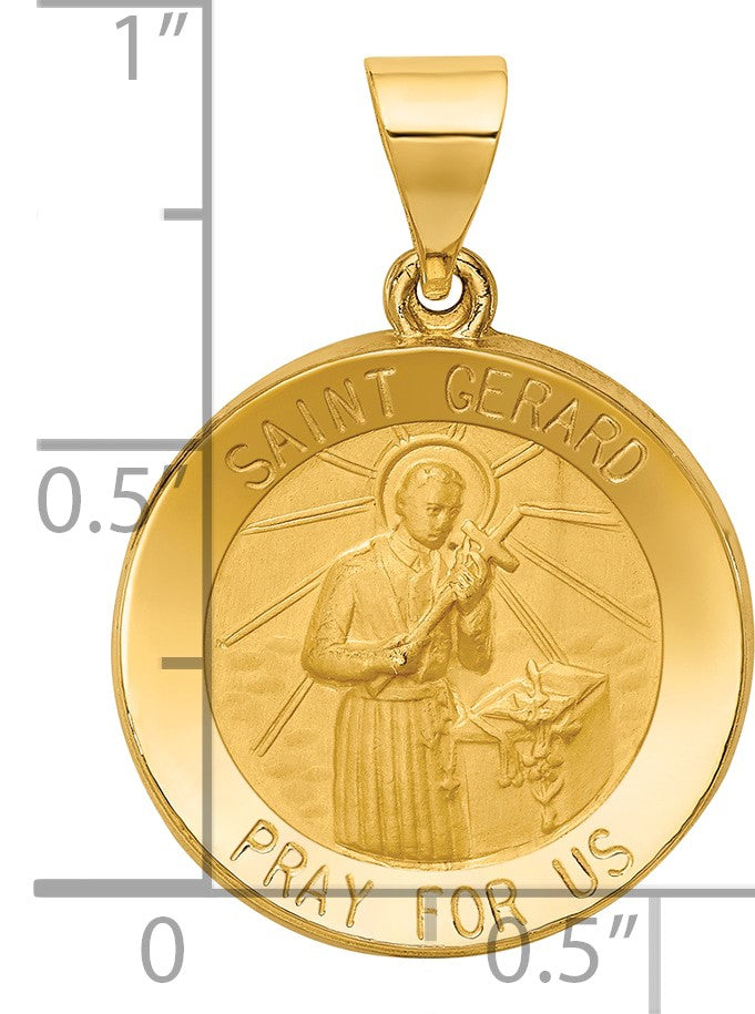14k Polished and Satin Hollow Saint Gerard Medal Round Pendant