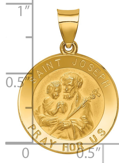 14k Polished and Satin Hollow St Joseph Medal Round Pendant
