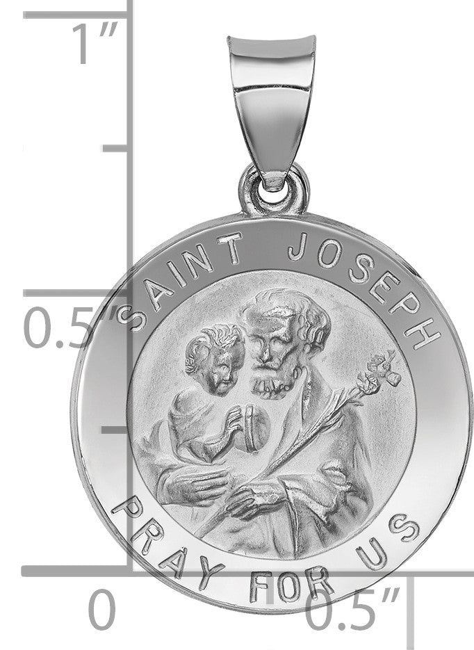 14k White Gold Polished and Satin Hollow St Joseph Medal Round Pendant