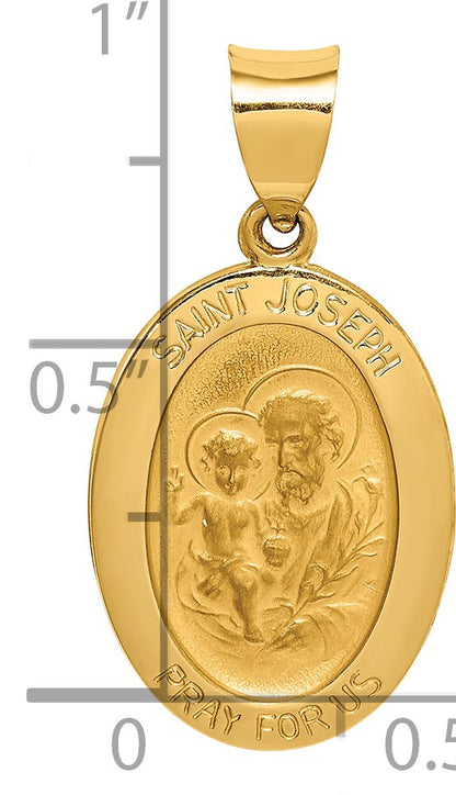 14k Polished and Satin Hollow St Joseph Medal Oval Pendant